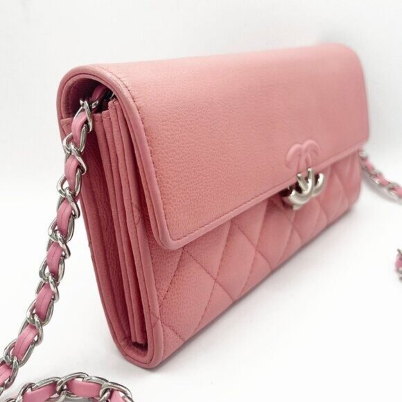 Authentic CHANEL CC Lambskin Quilted Box Flap Wallet on Chain Pink Shoulder WOC - Picture 4 of 14